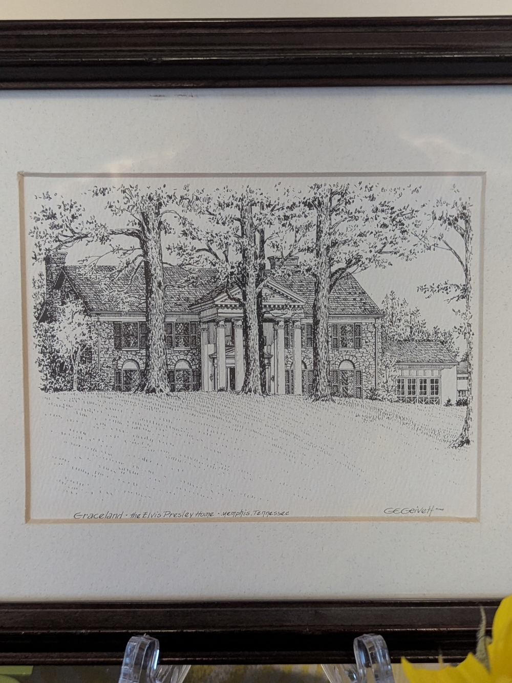 Graceland Pen & Ink Drawing Print G.E. Geivett Elvis Presley Home Framed Vintage